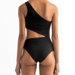 Picture of the back of a model wearing the Diana one piece by Encantadore Swimwear in black.