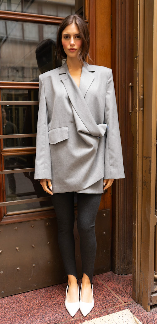 Model wearing a gray oversized blazer