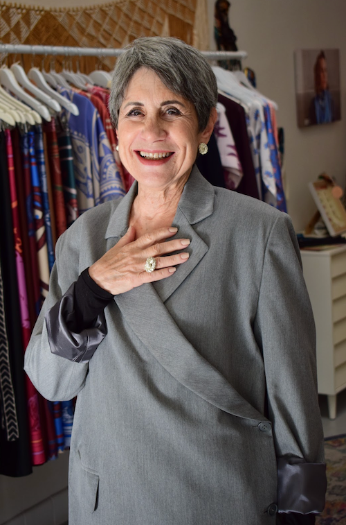 Model wearing a gray oversized blazer