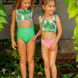 Abi Trikini for Girls in Green Parrot Print