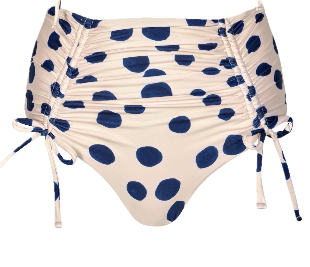 White swimsuit bottom with blue polka dots. It's on a white background. The purpose of this image is to highlight the bikini because it's for sale at EVAMAIA Boutique.