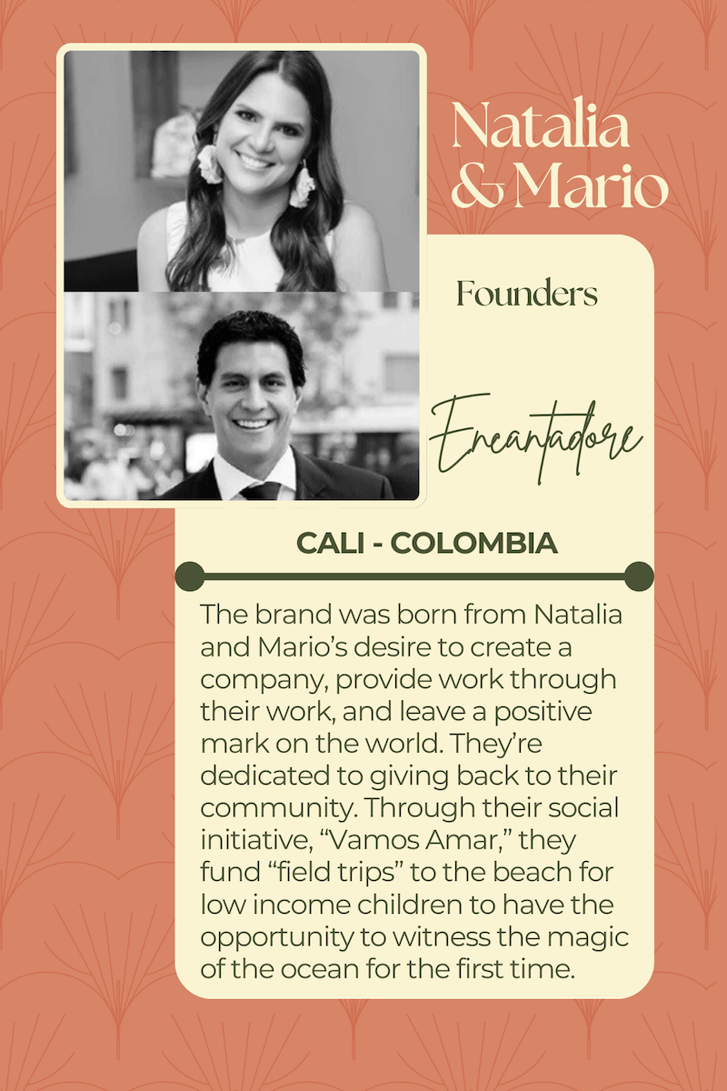 Information card about the founders of Encantadore swimwear.