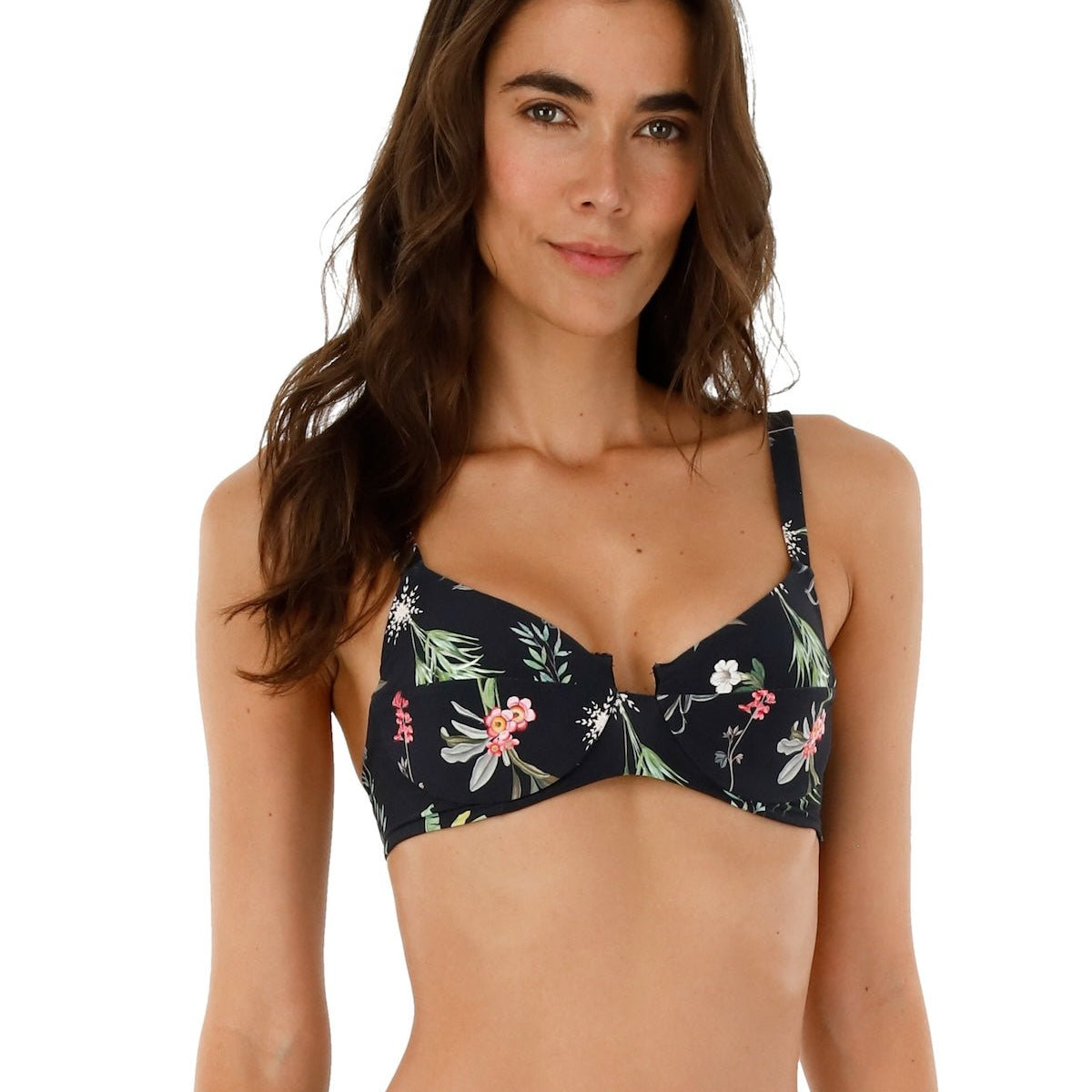 Close up image of a woman. She's wearing a swimsuit with flowers. The purpose of this image is to highlight the swimsuit.